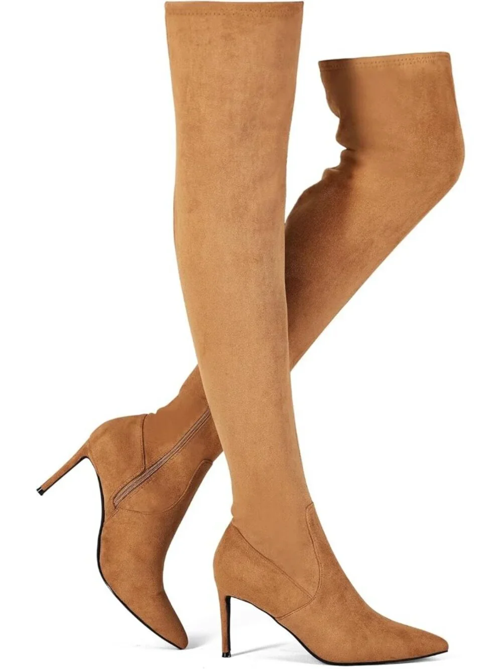 Women's Tan Synthetic Rubber Stretch Suede Long Pointed Toe Over the Knee Boot